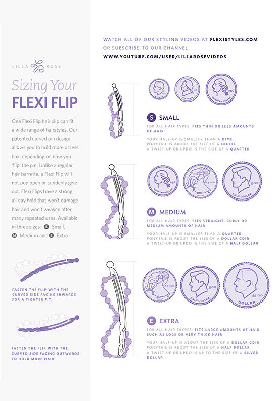 Flexi flip hair clip sizing chart.