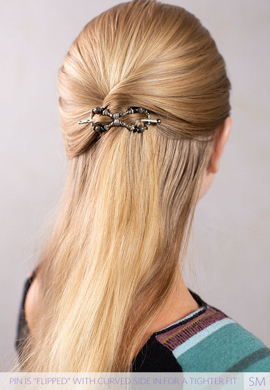 Kristen Flexi Flip with an earthy design made of Brown Jasper and Czech Glass modeled in hair.