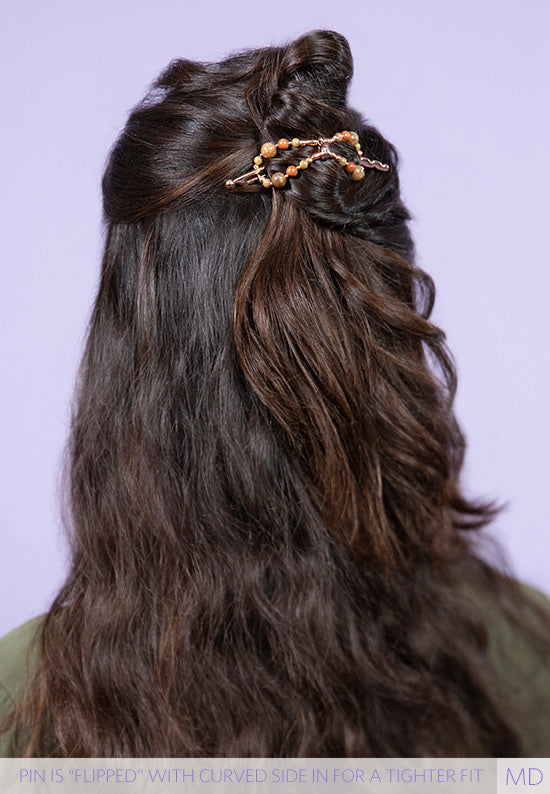 In hair flexi flip hair clip with metallic goldstone, autumn Jasper and imitation Rose Gold beads.