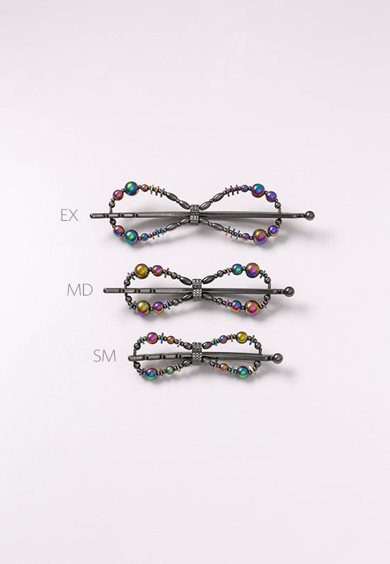 Lisa Flexi Flip with shiny metallic Rainbow Hemalyke shown in all three sizes.