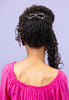 In hair flexi flip hair clip using Blue Labradorite, Dalmatian Jasper, and imitation rhodium beads.