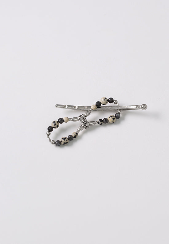 Flexi flip hair clip using Blue Labradorite, Dalmatian Jasper, and imitation rhodium beads.