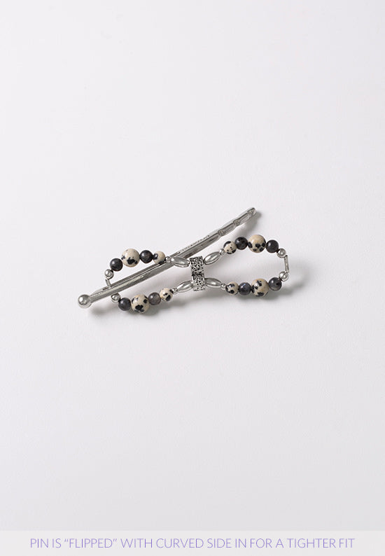 Flexi flip hair clip using Blue Labradorite, Dalmatian Jasper, and imitation rhodium beads.