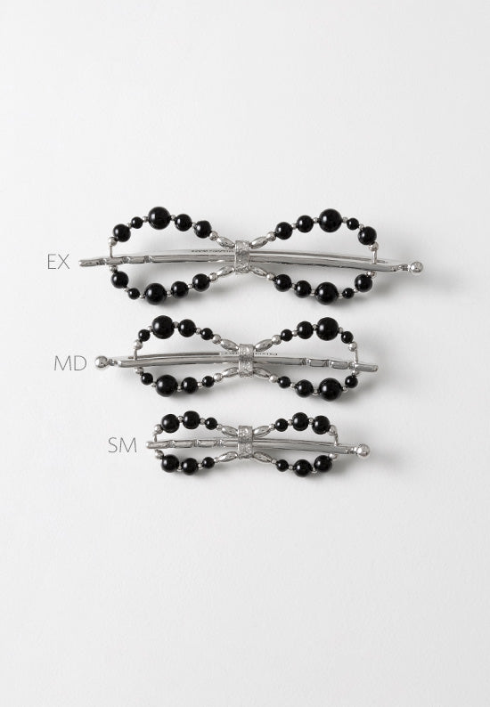 Flexi flip hair clip with black onyx and imitation rhodium beads in three sizes.