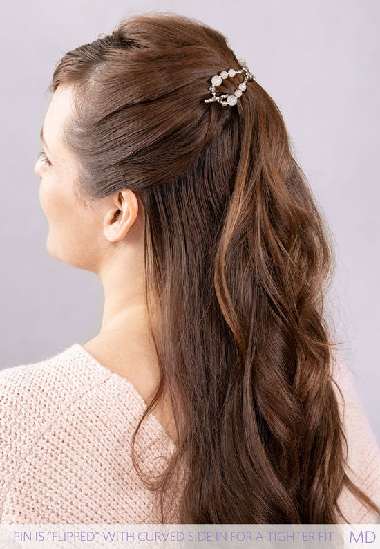 Pamela Flexi Flip with natural rose quartz and plated in imitation rhodium shown in hair.