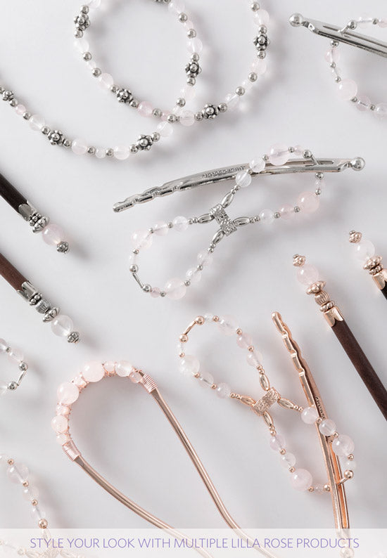 Pamela Flexi Flips with coordinating rose quartz swerves and hair sticks available in rose goldtone and silvertone.