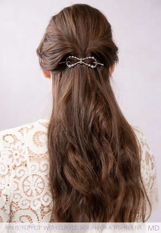 Teri Flexi Flip with hemalyke beads and plated in imitation rhodium shown in hair.