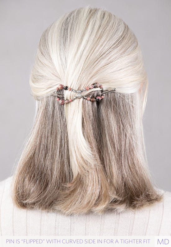 In hair flexi flip hair clip made with rhodonite, a dusty rose pink with black matrix blend, Imitation rhodium beads.