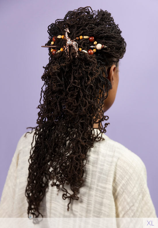 Gracie Beaded 8 paired with the Erin stick shown in hair.