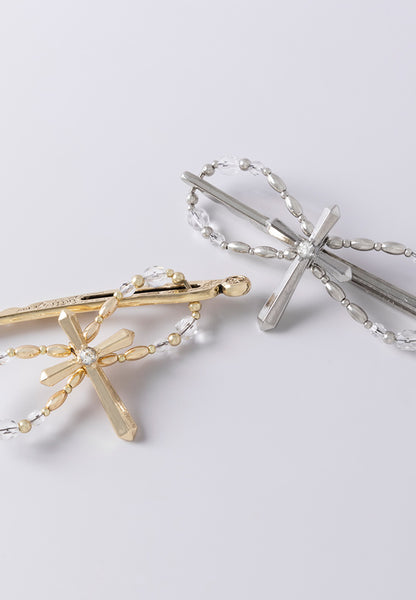 Brass and silver tone cross flexi hair clip.