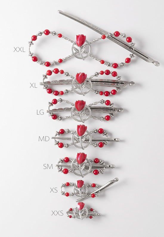 All 7 sizes, from XXL thru XXS, of the red tulip flexi hair clip.