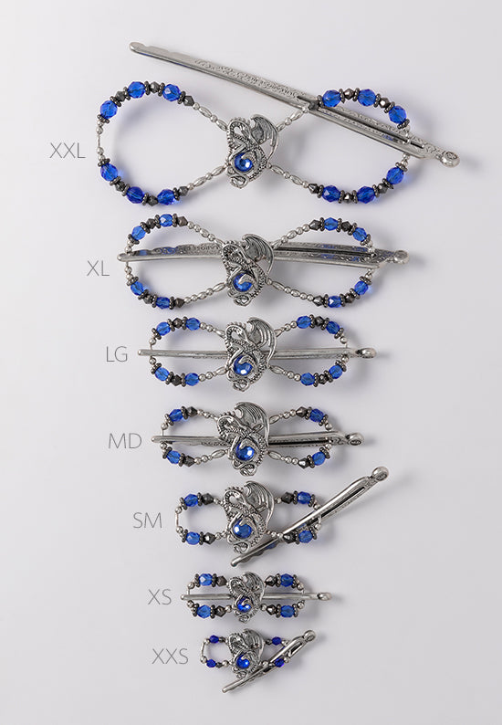 All 7 dragon flexi hair clip sizes from XXL to XXS.
