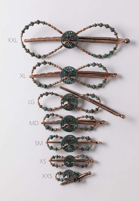 Genesis Flexi Clip shown in all seven sizes features the tree of life with coppertone and patina accents.