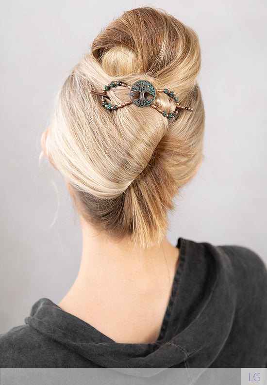 Tree of Life shown in hair with coppertone and patina accents.