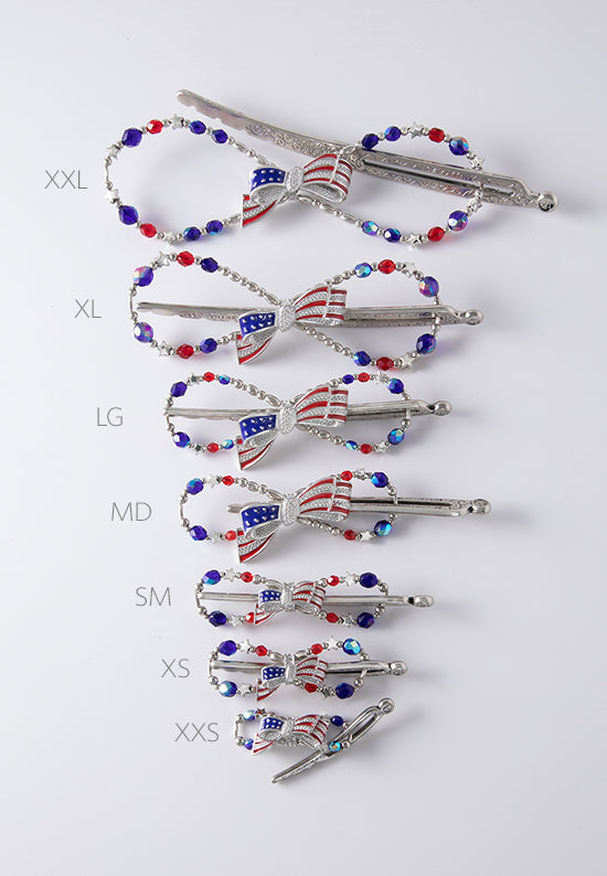 Betsy Flexi Clip features a patriotic bow bursting with bright blue and ruby red colors complemented by star bead accents. Shown in all 7 sizes.
