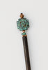 Hair stick with patina geometric design and copper accents. 