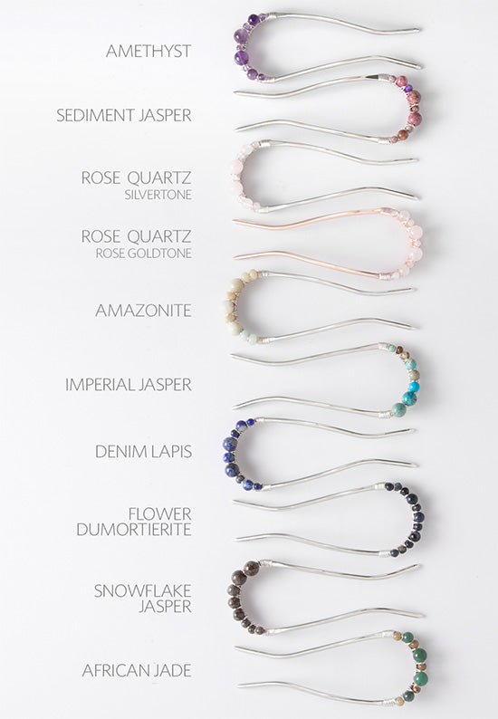 a layout of gemstone beaded swerve u-pins in an array of colors