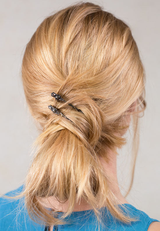 Black nickel bobby pin with black diamond, hematite and jet colored stones.