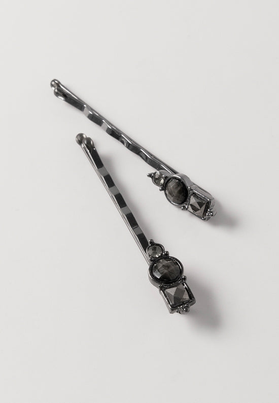 Black nickel bobby pin with black diamond, hematite and jet colored stones.