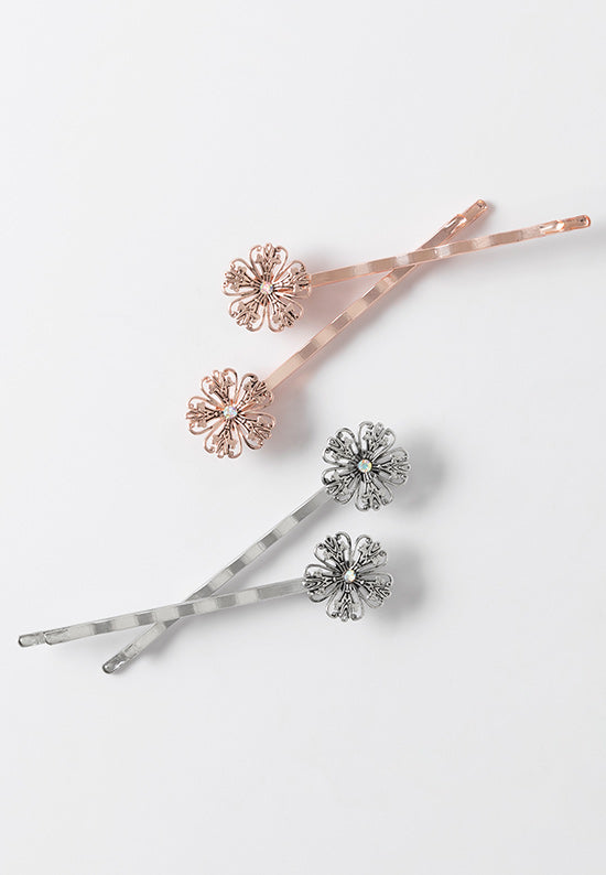 Elegantly designed flower available in silvertone and rose goldtone.