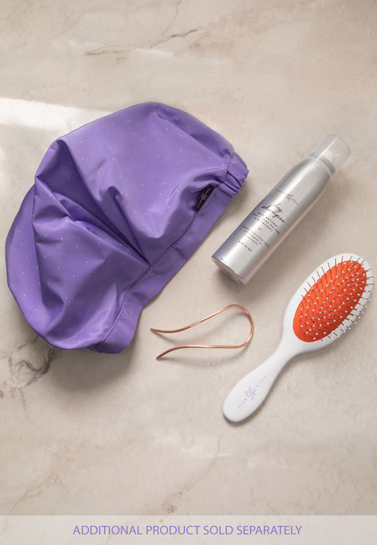 Shower Cap comes in your choice of two beautiful shades of purple with polka dots