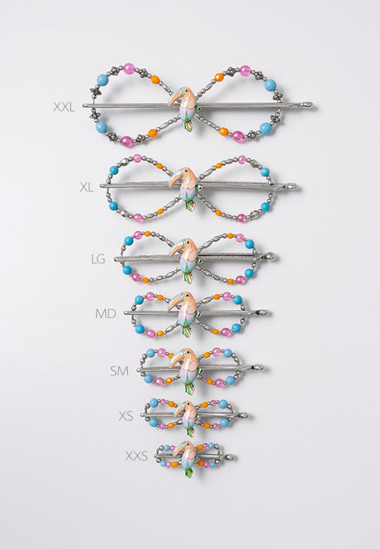 Flexi hair clip with toucan and fun, bright colors and beads in all 7 sizes