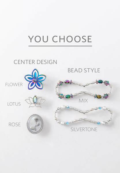Design your flexi by choosing one of three flower centerpieces and one of two bead patterns.