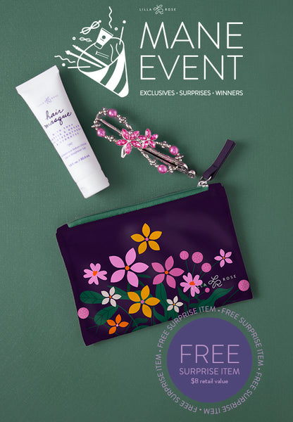 Paisley Mane Event Set includes Paisley Flexi Clip, travel size Hair Masque, collectable cosmetic bag and a free surprise item!