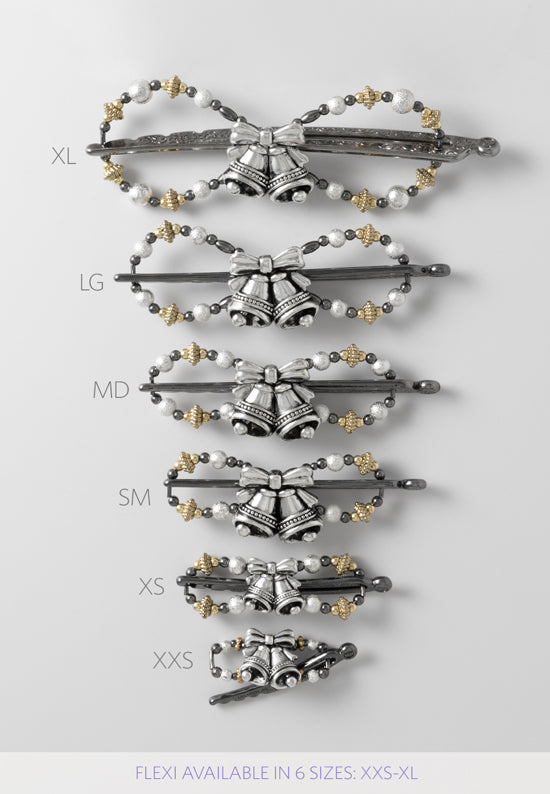 Flexi Hair Clip with pair of festive silver bells with mixed metal accents in 6 sizes