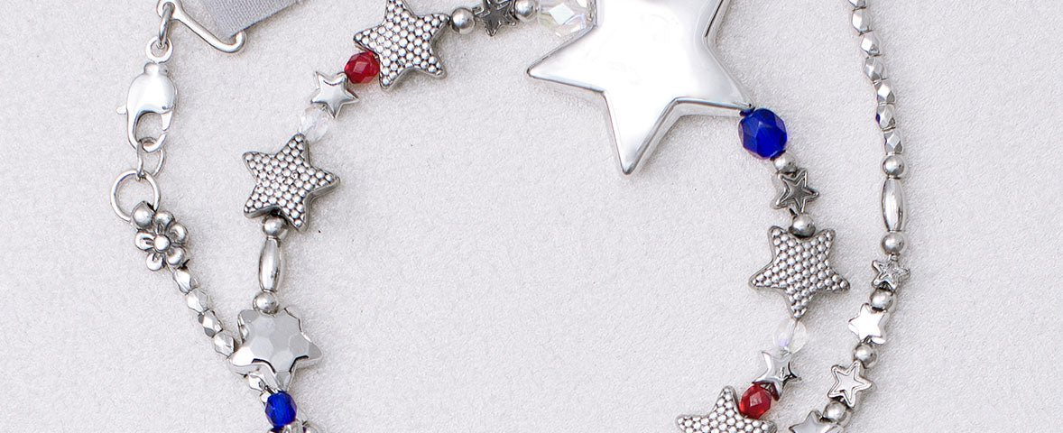 Patriotic Stars hairband with sparkling red, blue and clear crystals.