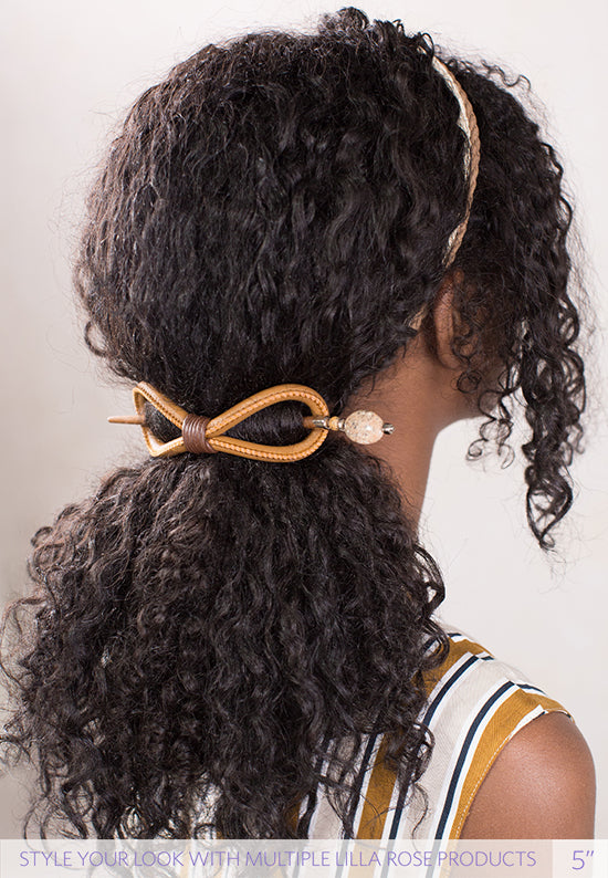 Annona hair stick shown in hair paired with the camel leather 8.