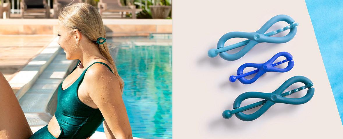 A split image showing a woman in a green swimsuit sitting by a swimming pool on the left, and three infinity-shaped silicone swim accessories in blue, navy, and teal on a white background on the right.