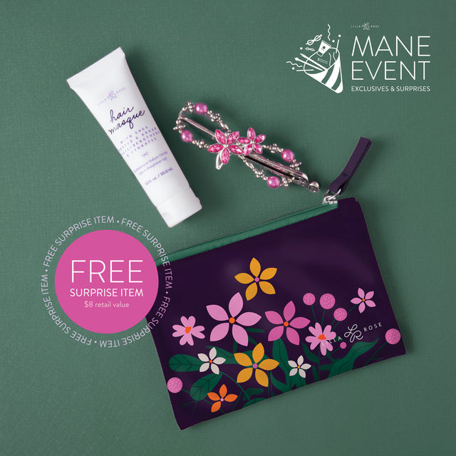 Blooming and bright April Mane Event set includes the Paisley Flexi, collectable cosmetic bag, travel size hair masque, and a free surprise item!