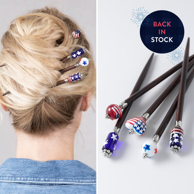 Variety of Patriotic hair sticks come in 5 designs.