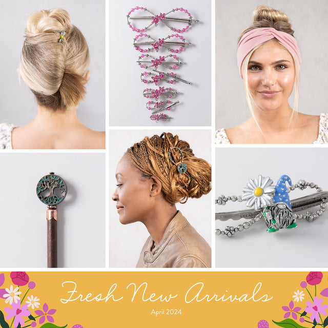 Collage of the fresh new April arrival hair accessories.