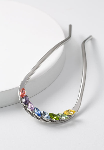 Large-sized U-Pin with a swerve and colorful shimmering crystal stones in silvertone