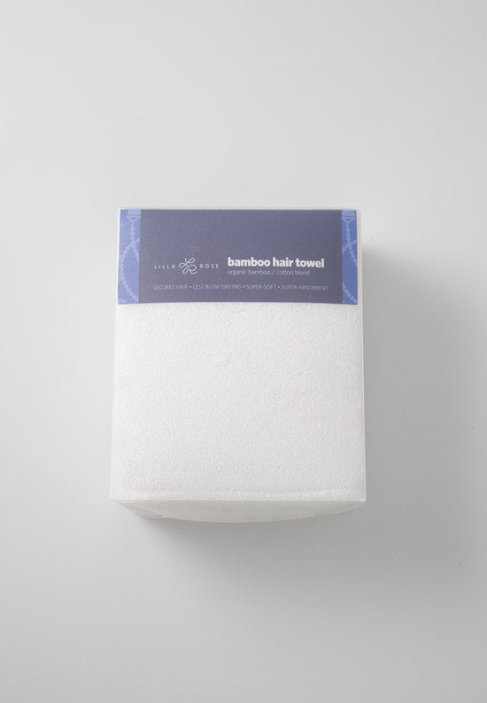 Soft, luxurious white bamboo hair towel with the Lilla Rose logo.
